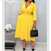 Yellow Notched Plus Size Pleated Midi A-line African Lady Casual Dress